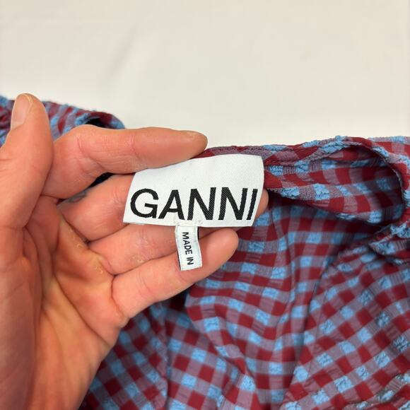 Ganni Gingham Check Seersucker V Neck Blouse Ruched Puff Sleeve - Picture 4 of 8